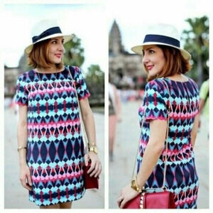 J. Crew Factory Blue Pink Geometric Print Short Sleeve Gallery Shift Dress 0